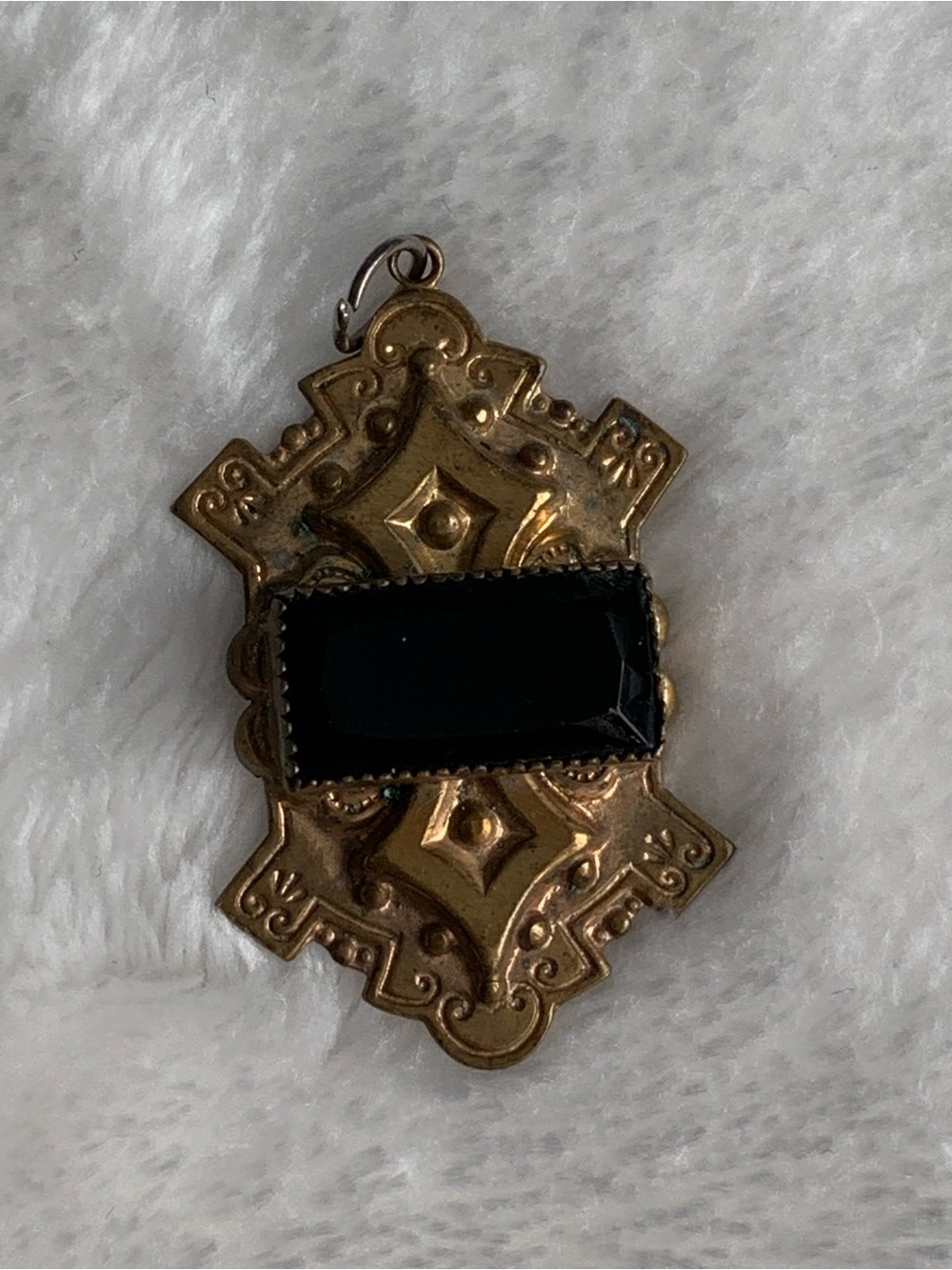 Antique Victorian Gold Plated Brass Pendant with Black Glass Accent